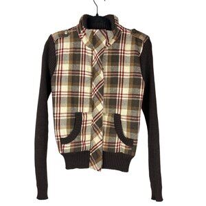 Say What Plaid Knit Sleeve Zip Jacket Brown Cream Size L
